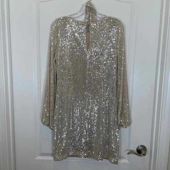Alexia Admor Val Sequined Shift Dress Silver Mini Long Sleeve Belt Cocktail L - Picture 8 of 8